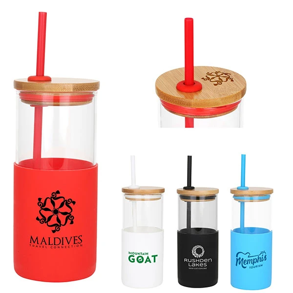 Promotional Barbados 18 Oz. Glass Cup with Bamboo Lid
