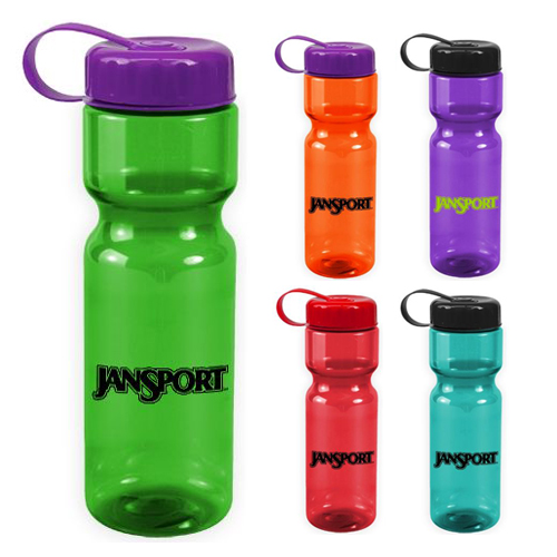 Promotional Transparent Bottle with Tethered Lid - 28 oz - BPA Free
