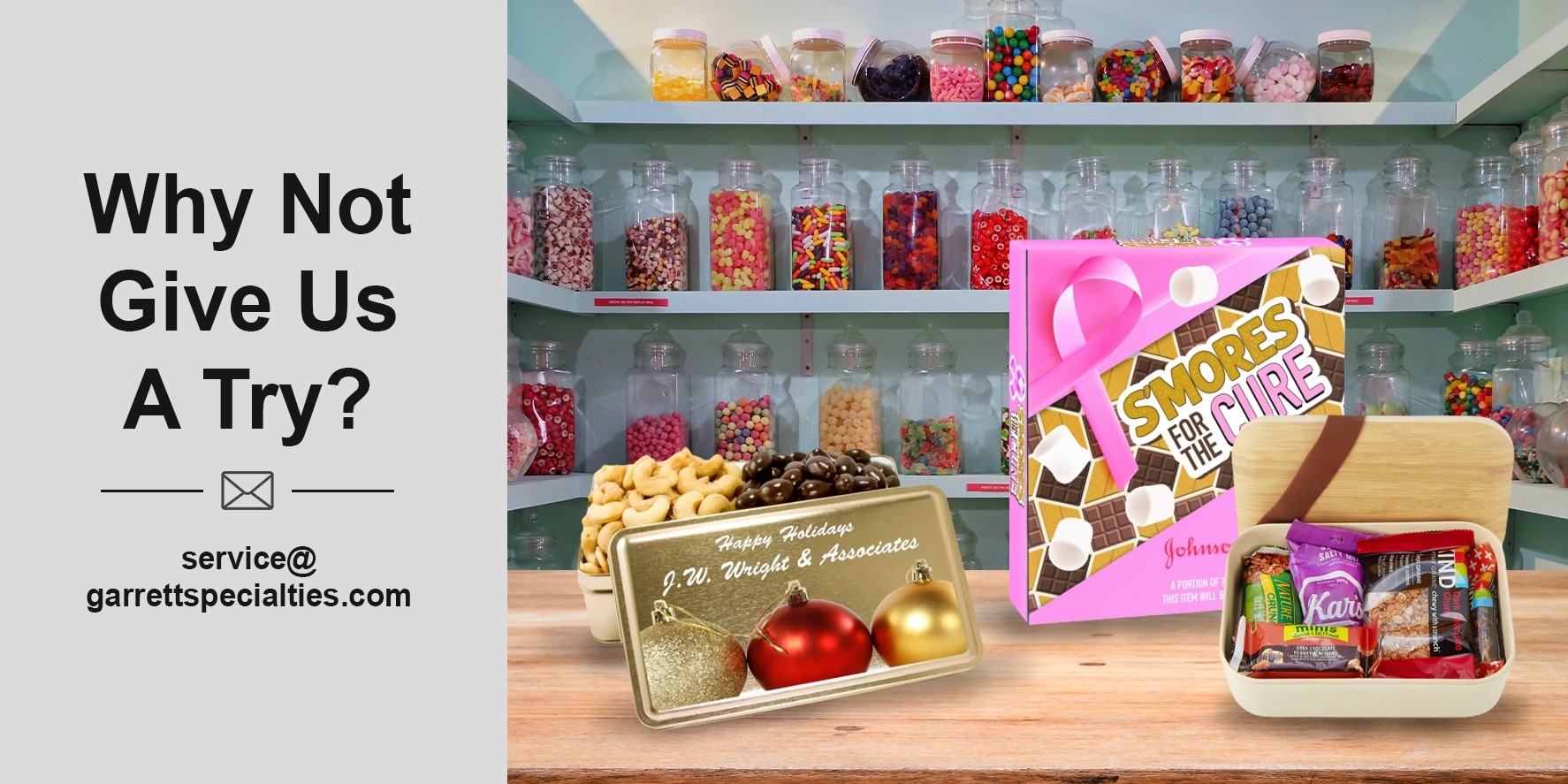 Promotional gift baskets, corporate gift boxes, food tins and gift towers for employees and clients