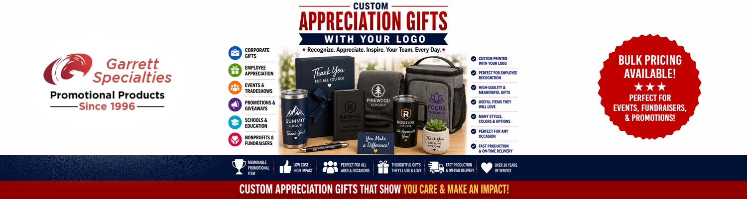 Custom employee appreciation gifts and corporate recognition awards printed with logo