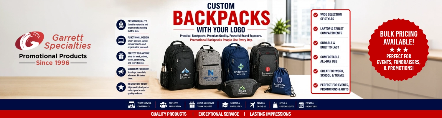 Custom backpacks with your logo including laptop backpacks, business backpacks, travel backpacks, computer backpacks, school backpacks, and promotional backpacks for trade shows, employee appreciation, customer giveaways, universities, and corporate promotions