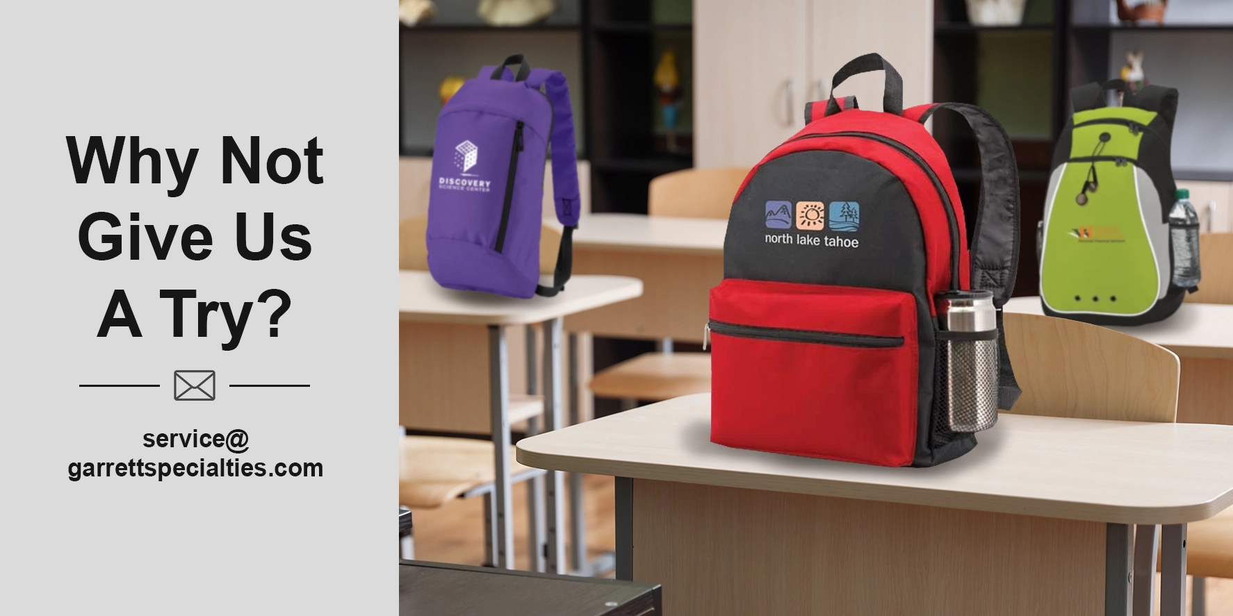 Custom backpacks featuring personalized laptop, business, school and travel bags with company logos for employees, students, conferences and promotional events