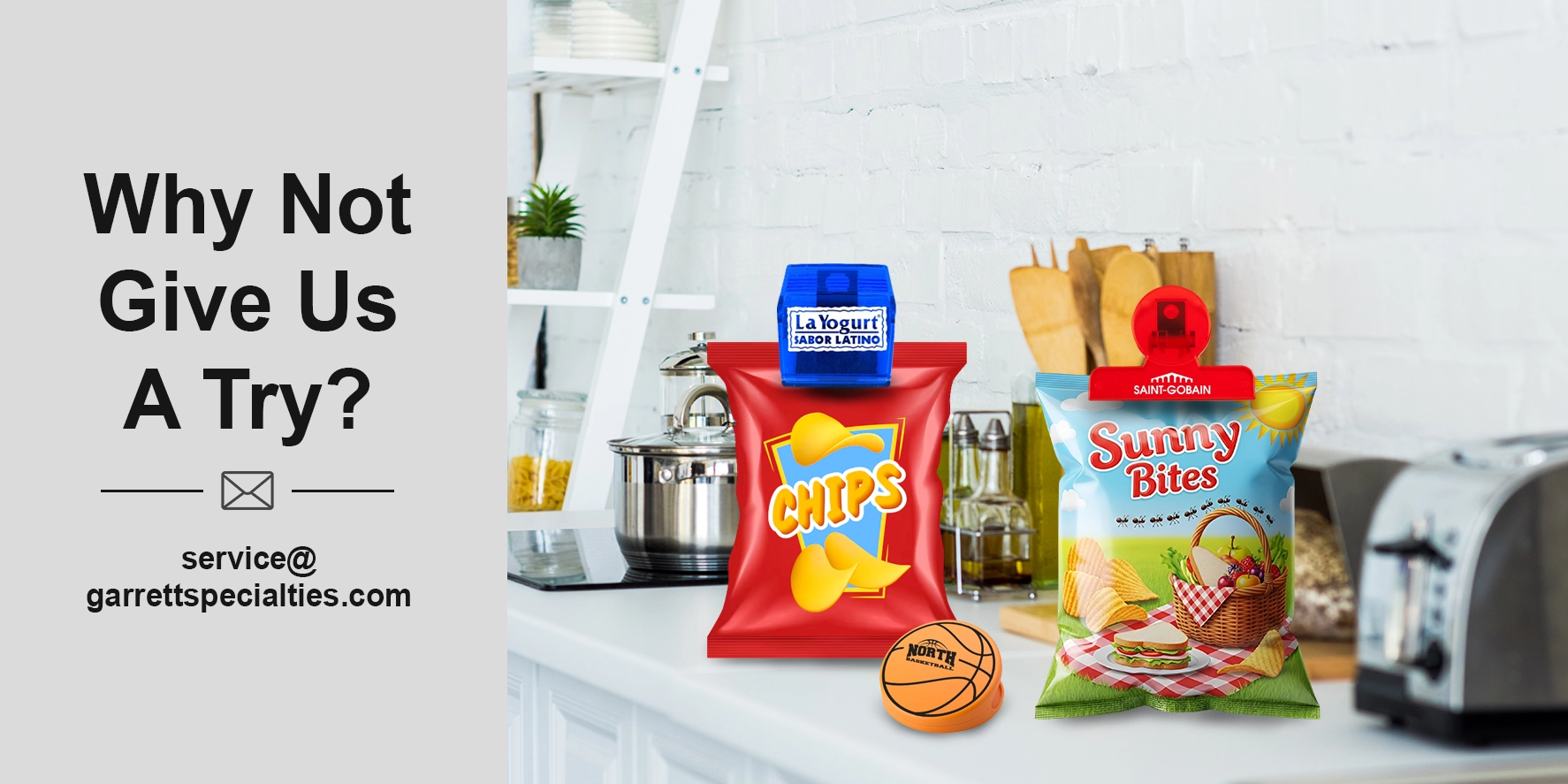 Promotional Chip Bag Clips Bag clips keep bagged foods closed and fresh, or serve as giveaways for swag bags to keep them closed for trade shows, expos, and community events.