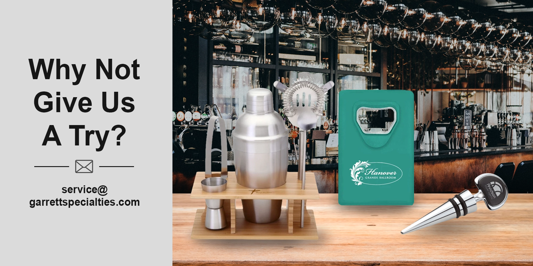 Custom bar accessories featuring personalized bottle openers, coasters, flasks, cocktail shakers and wine accessories for businesses, events, weddings and promotions