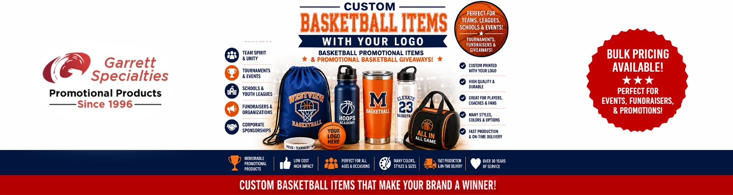 Assorted custom basketball promotional items and sports giveaways printed with company logo branding
