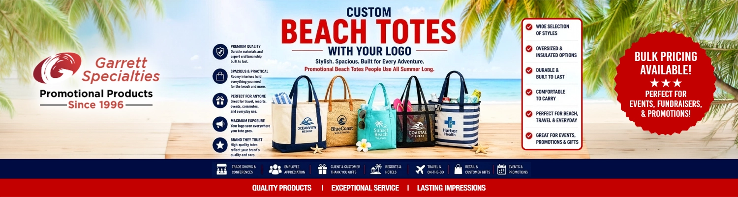 Custom beach totes with logo including oversized canvas bags waterproof travel totes mesh pool bags and insulated coolers for resort events and corporate summer giveaways