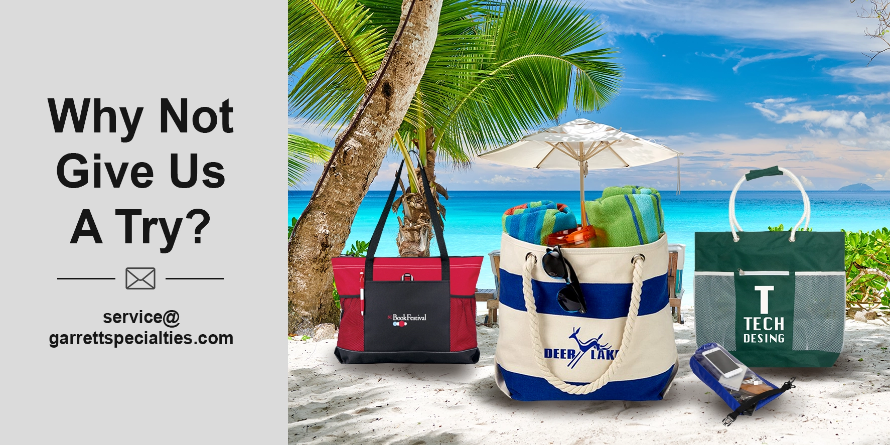 Custom beach totes and personalized beach bags with company logos for resorts, hotels, travel, summer events, employee outings and outdoor promotions