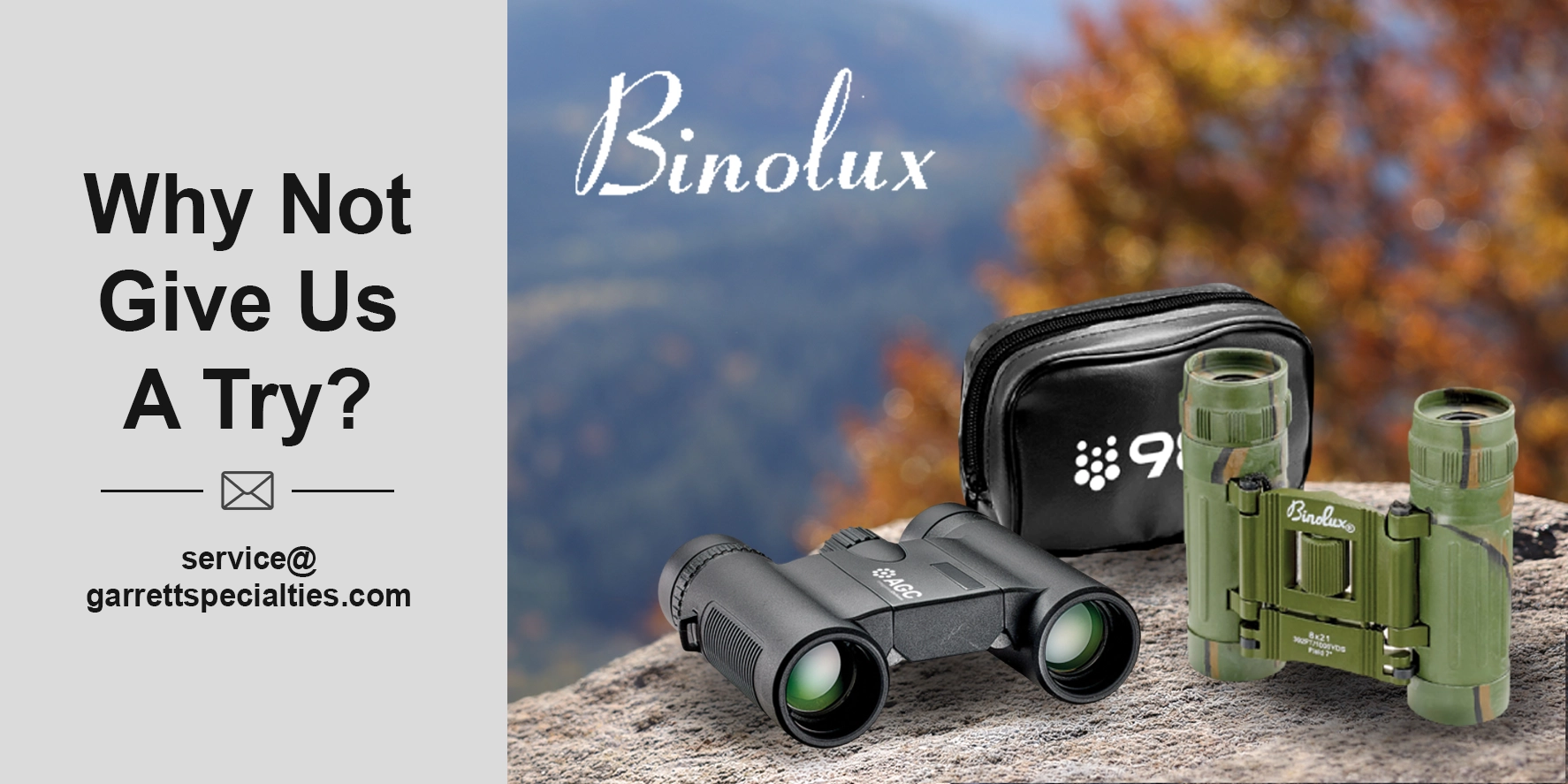 Custom Binolux binoculars personalized with company logos for corporate gifts, employee recognition, customer appreciation, sporting events, travel, outdoor recreation and promotional programs
