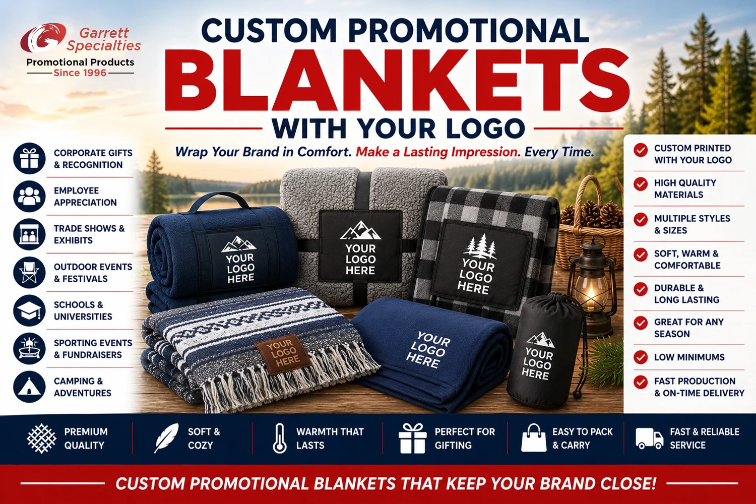 Custom Promotional Blankets with Your Logo Custom Promotional Blankets with Your Logo featuring personalized fleece blankets, picnic blankets, stadium blankets, travel blankets, and cozy promotional blankets for corporate gifts, employee appreciation, trade shows, outdoor events, schools, fundraisers, and customer giveaways