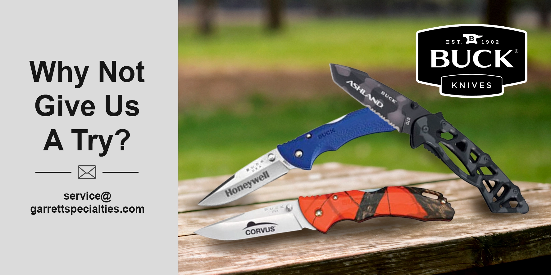 Custom Buck knives personalized with company logos for corporate gifts, employee recognition, service awards, customer appreciation, outdoor programs and business gifts for adults