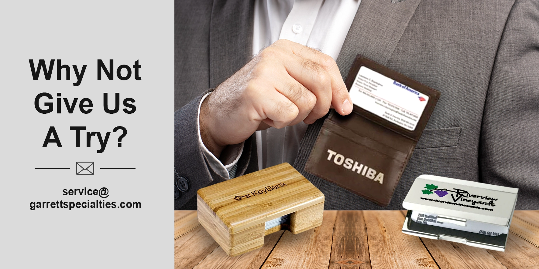 Personalized business card holders and card cases are made of leather, metal, and bamboo to keep your business cards organized.