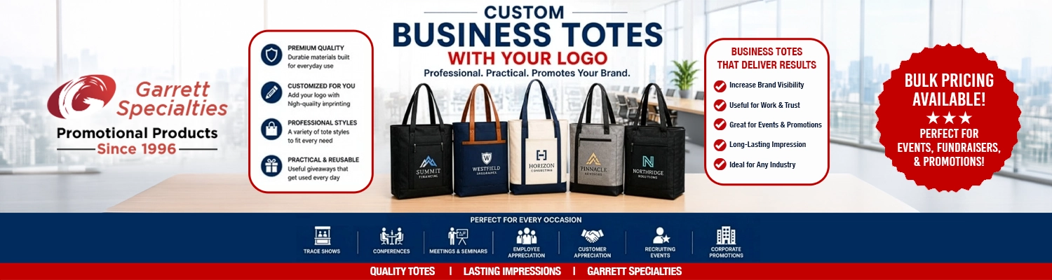 Custom business totes with your logo including professional corporate tote bags, executive shoulder bags, and zippered travel totes printed with company branding for trade shows, employee gifts, and corporate promotions