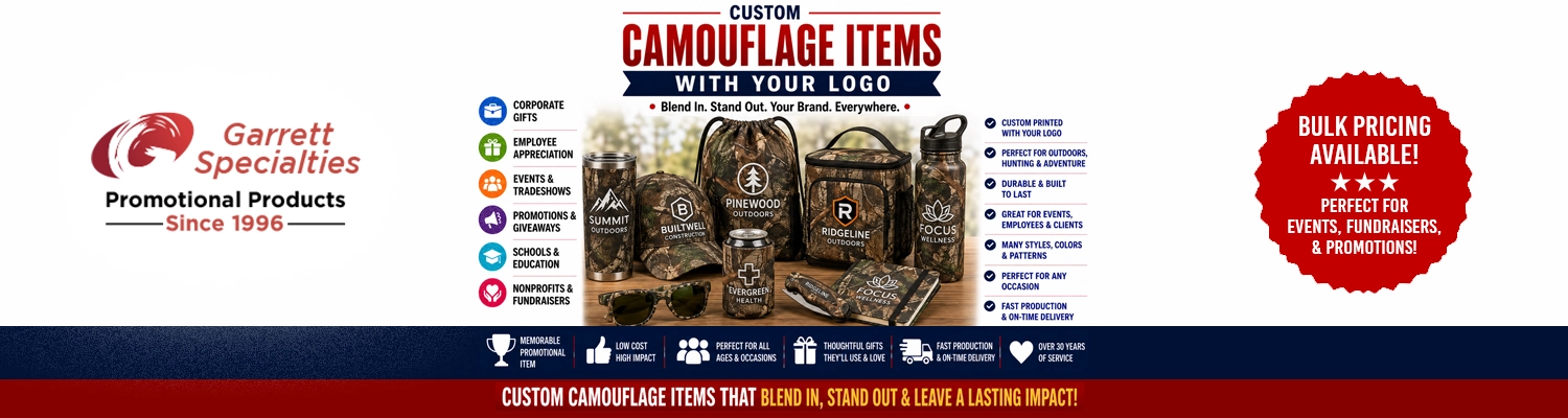 Custom camouflage items and promotional camo gear