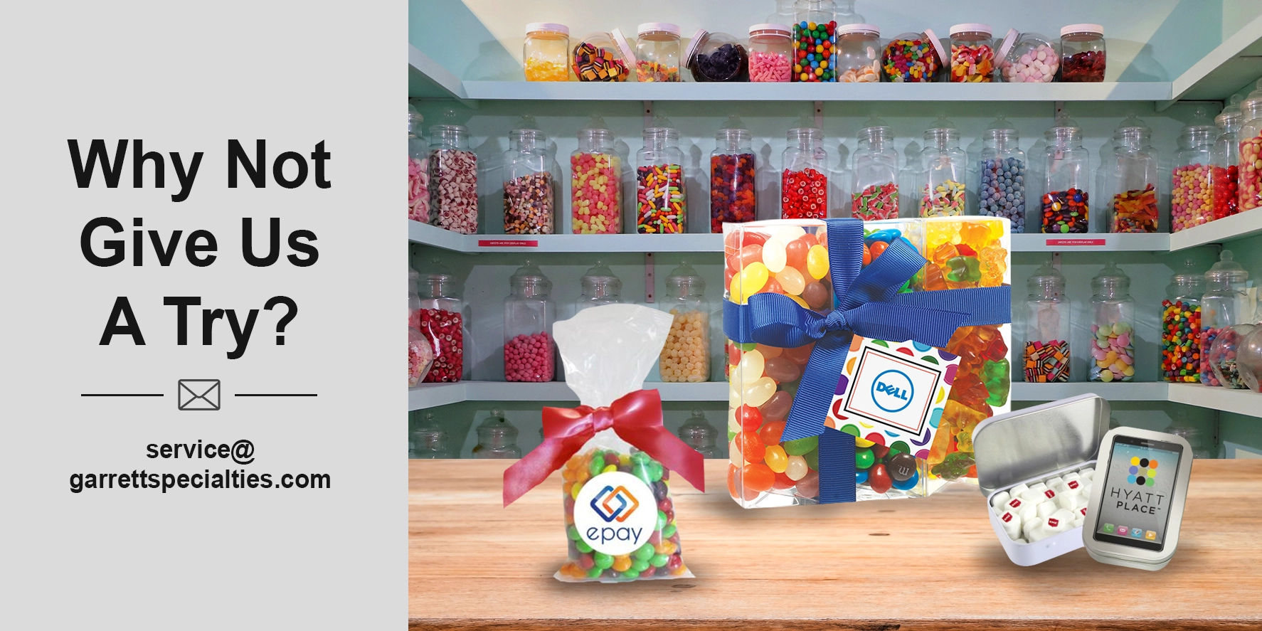 Custom candy gifts with personalized candy bags, gift boxes and mint tins