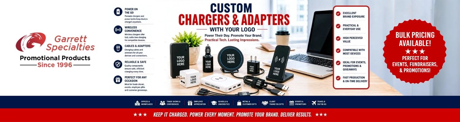 Custom Chargers and Adapters with Your Logo Custom chargers and adapters with your logo including wireless chargers, power banks, wall chargers, charging cables, USB adapters, and promotional phone charging accessories for trade shows, employee gifts, and corporate giveaways