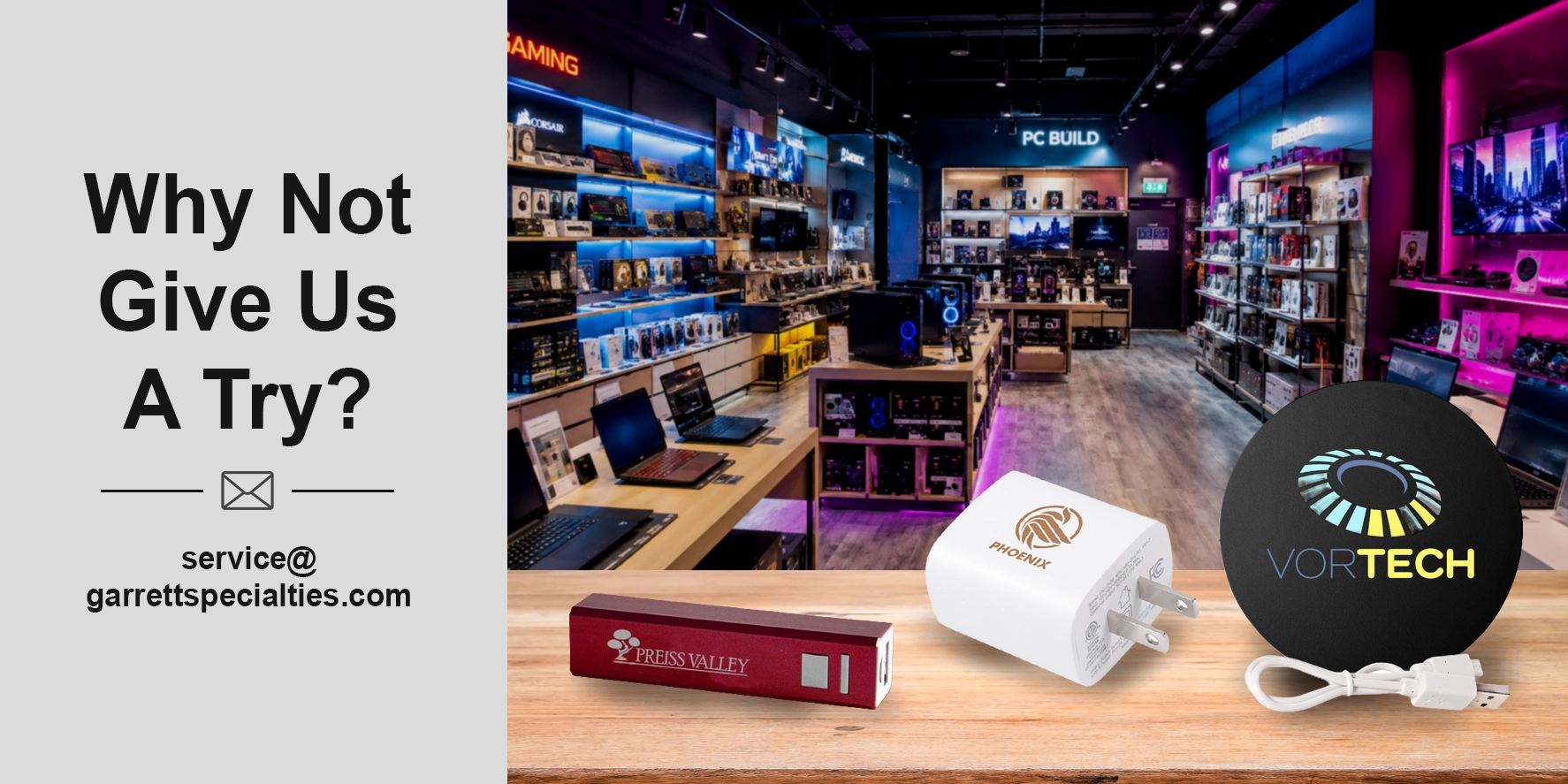 Choose from wireless chargers, USB chargers, wall adapters, car chargers, and power accessories in bulk at Garrett Specialties.