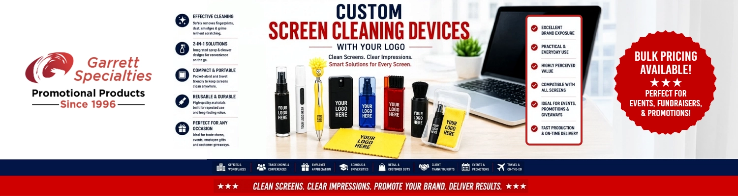 Custom cleanind devices with your logo including mop topper pens, cleaning monitor brushes, cleaning microber cloths, and monitor sprays for trade shows, employee gifts and corporate giveaways