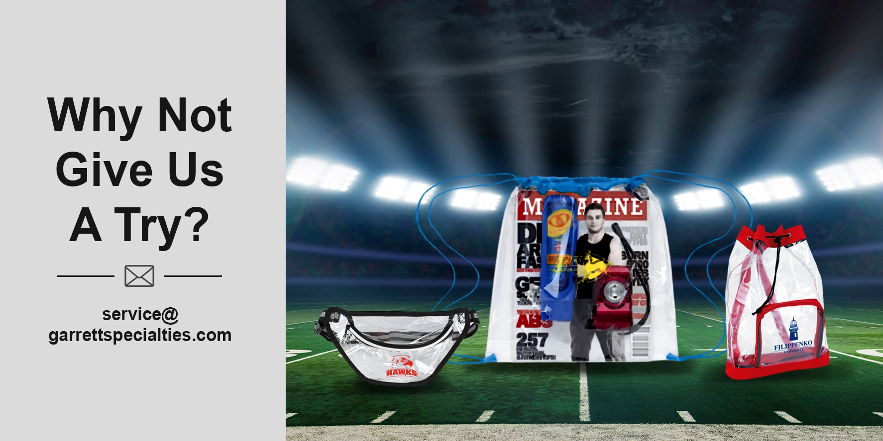 Custom clear stadium bags featuring personalized transparent totes, backpacks and drawstring bags with logos for sporting events, concerts, schools and promotional programs