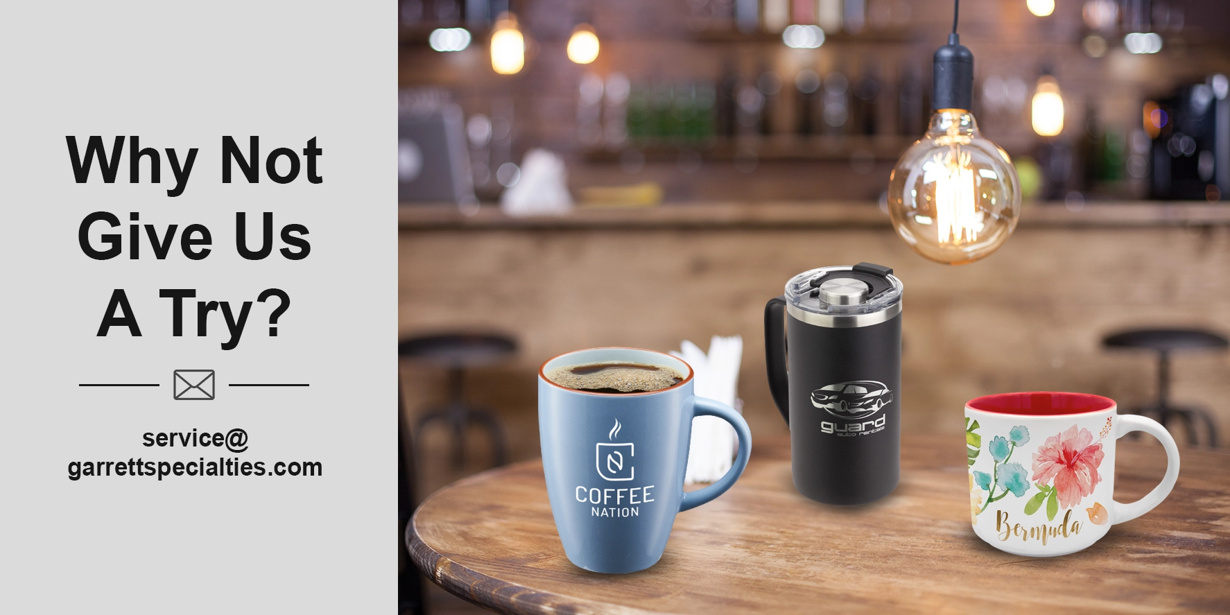 Custom coffee mugs and personalized promotional mugs with company and organization logos for offices, employee gifts, client appreciation, trade shows, conferences and corporate events