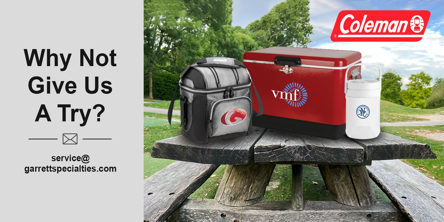 Custom Coleman coolers personalized with company logos for employee gifts, customer appreciation, schools, corporate picnics, outdoor events, travel and recreation