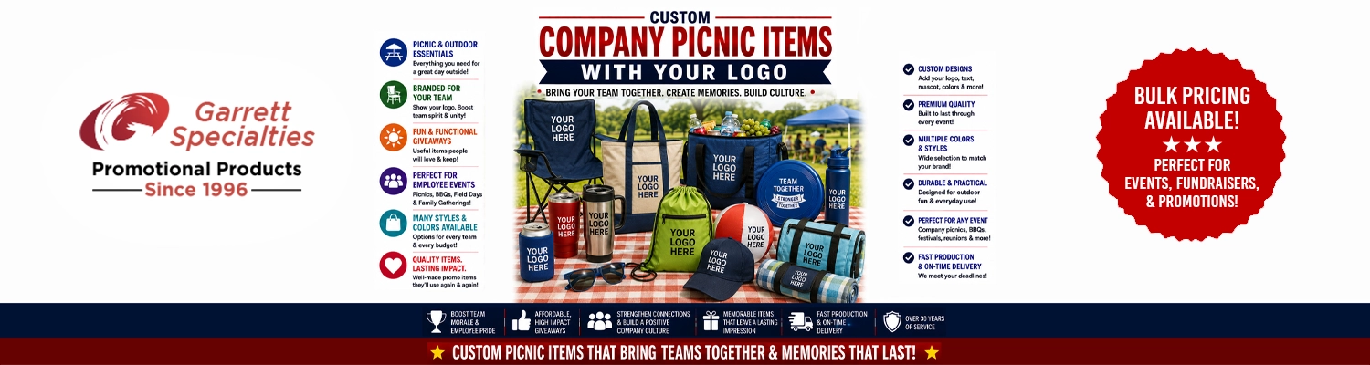 Custom company picnic items and outdoor giveaways printed with corporate logo