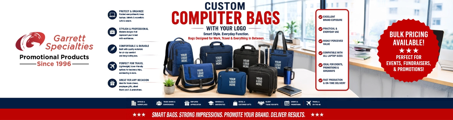 Custom Promotional Laptop Bags & Backpacks Custom promotional technology and mobile accessories including power banks, phone chargers, wireless earbuds, Bluetooth speakers, cell phone stands, webcam covers, computer accessories, and branded tech gadgets designed for trade shows, corporate giveaways, employee gifts, and modern promotional campaigns.
