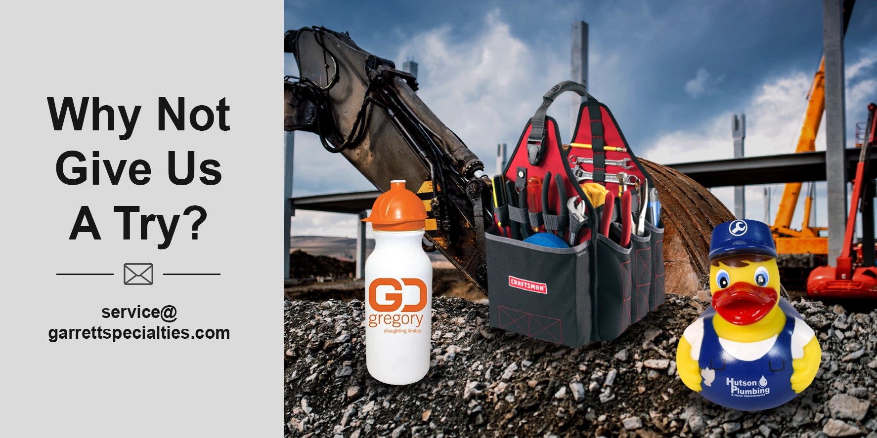 Custom construction promotional items including tape measures, flashlights, utility giveaways and branded products for contractors, builders, trade shows, recruiting and employee programs