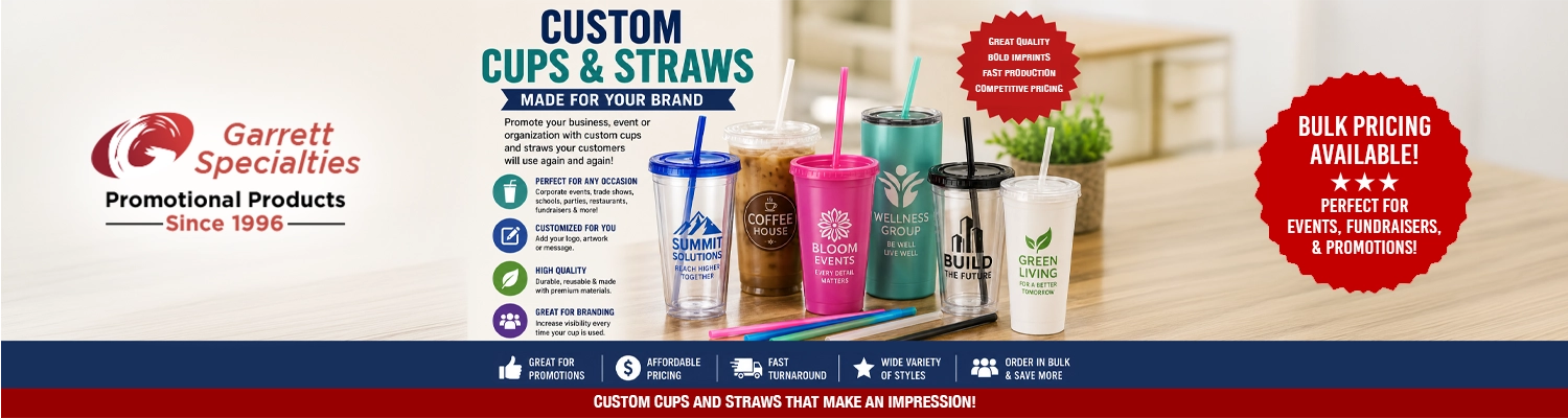 Custom acrylic tumblers and cups with straws printed with corporate logo