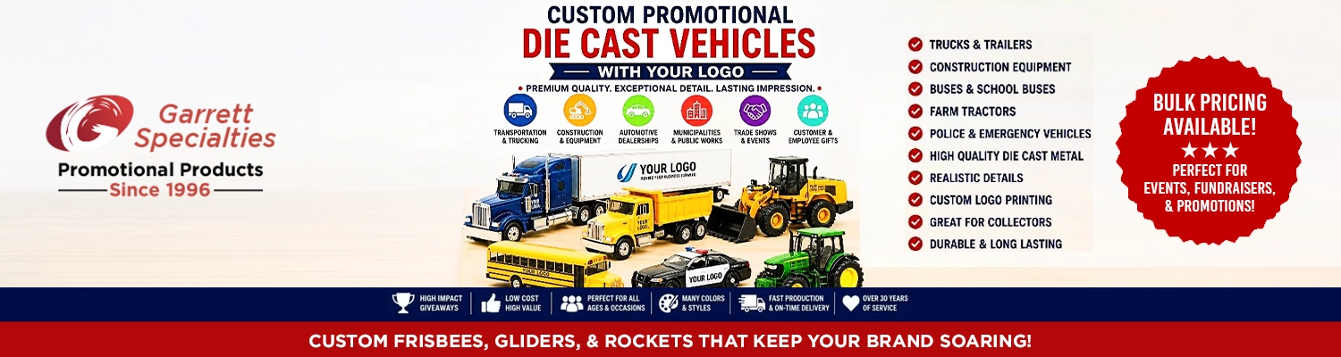 Custom promotional die cast vehicles with your logo including trucks, tractor trailers, construction equipment, school buses, police cars, farm tractors, and collectible model vehicles for transportation companies, trade shows, and corporate promotions