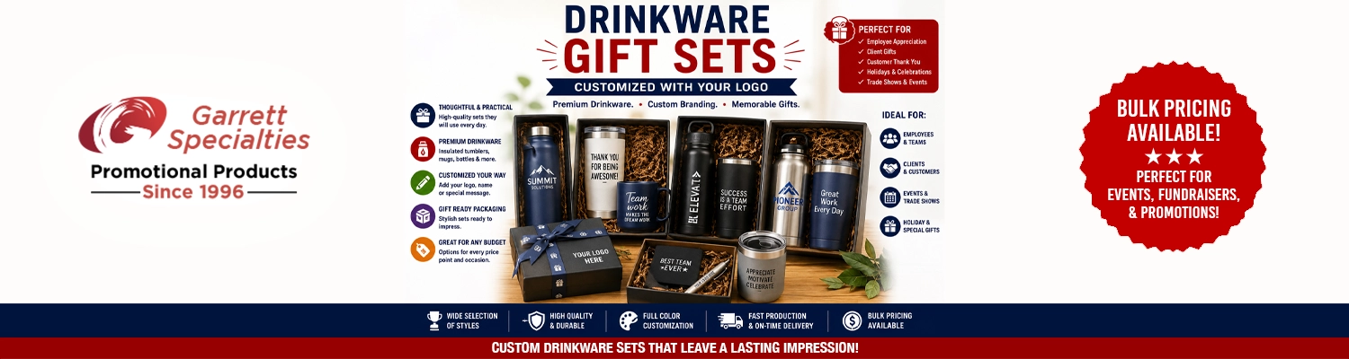 Custom executive drinkware gift sets in presentation boxes printed with corporate logo