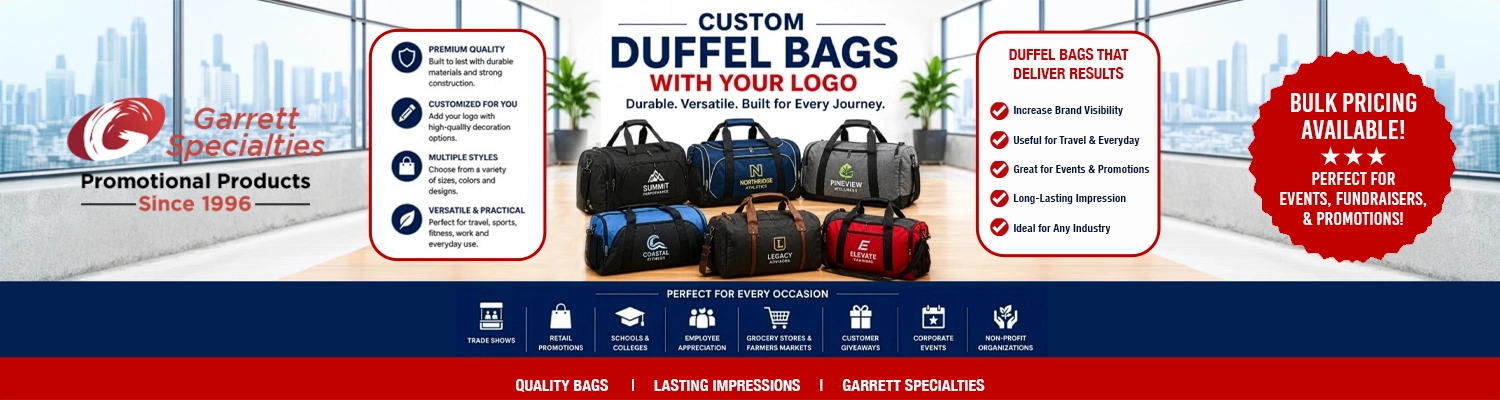 Custom duffel bags with logo including heavy duty sports gear bags premium weekender travel packs compact gym bags and rolling luggage carriers