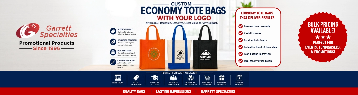 Custom economy tote bags with logo including cheap non woven grocery sacks affordable cotton shoppers and promotional trade show swag bags