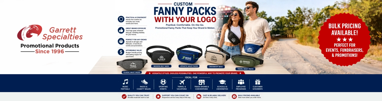 Custom fanny packs with logo including waist packs running belts stadium approved clear pouches and cross body sling bags for events and travel