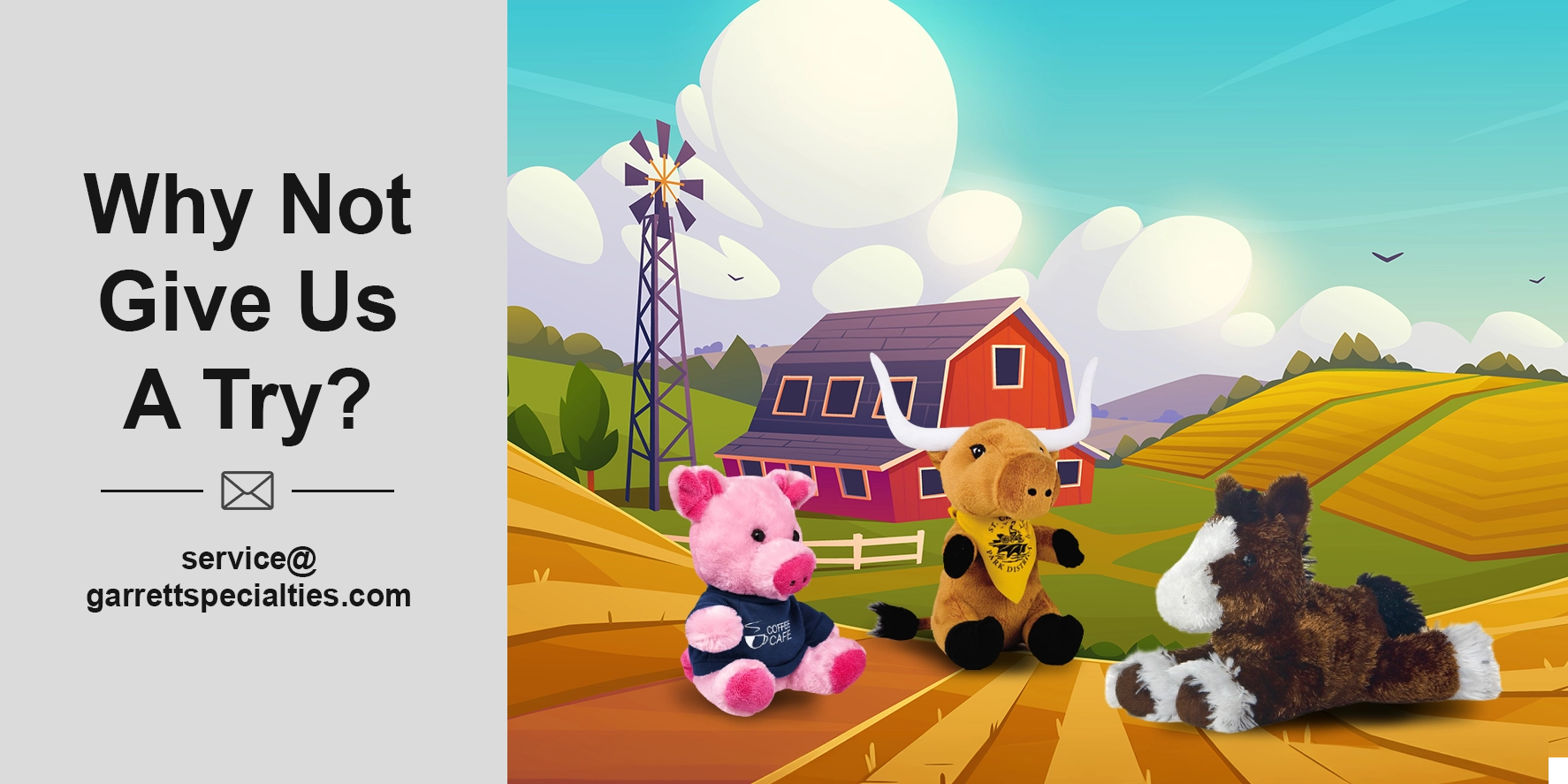 Promotional farm stuffed animals are customizable plush toys—such as cows, pigs, horses, and chickens—imprinted with a company logo, text, or message via miniature t-shirts, bandannas, or ribbons.