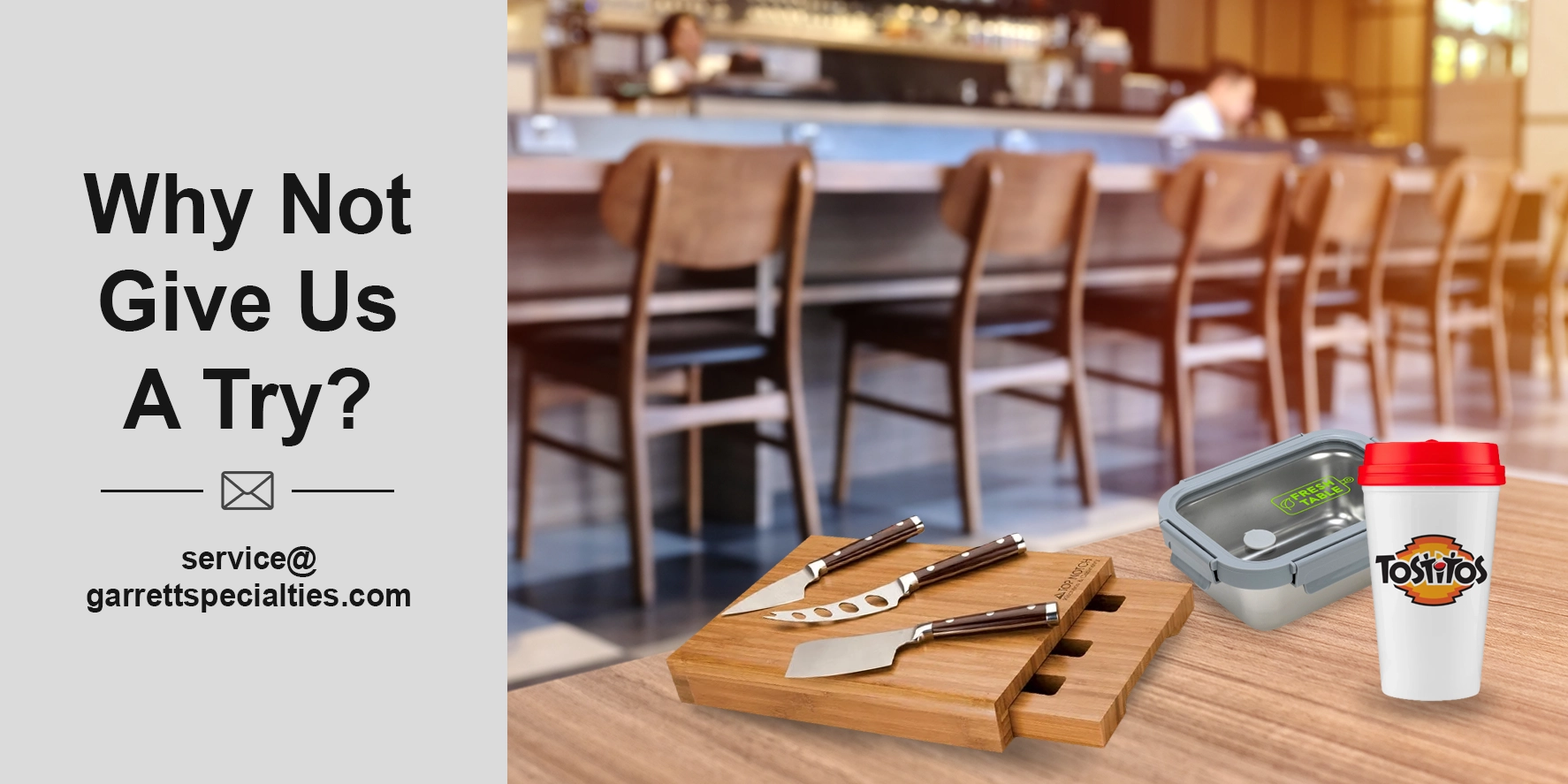 Custom promotional products for the food and beverage industry including branded restaurant merchandise, personalized drinkware, reusable cups, tote bags and marketing giveaways for cafes, coffee shops, bars, breweries, caterers, food trucks and restaurant customer loyalty programs