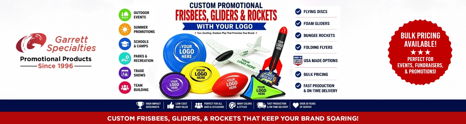 Custom Promotional Frisbees, Gliders & Rockets with Your Logo | Outdoor Promotional Giveaways Custom Promotional Frisbees, Gliders & Rockets with Your Logo featuring personalized flying discs, foam gliders, bungee rockets, folding flyers, and outdoor promotional giveaways for schools, camps, trade shows, parks, company picnics, and community events