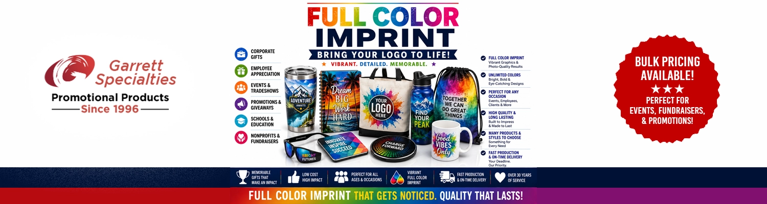 Custom full color imprint promotional products and giveaways