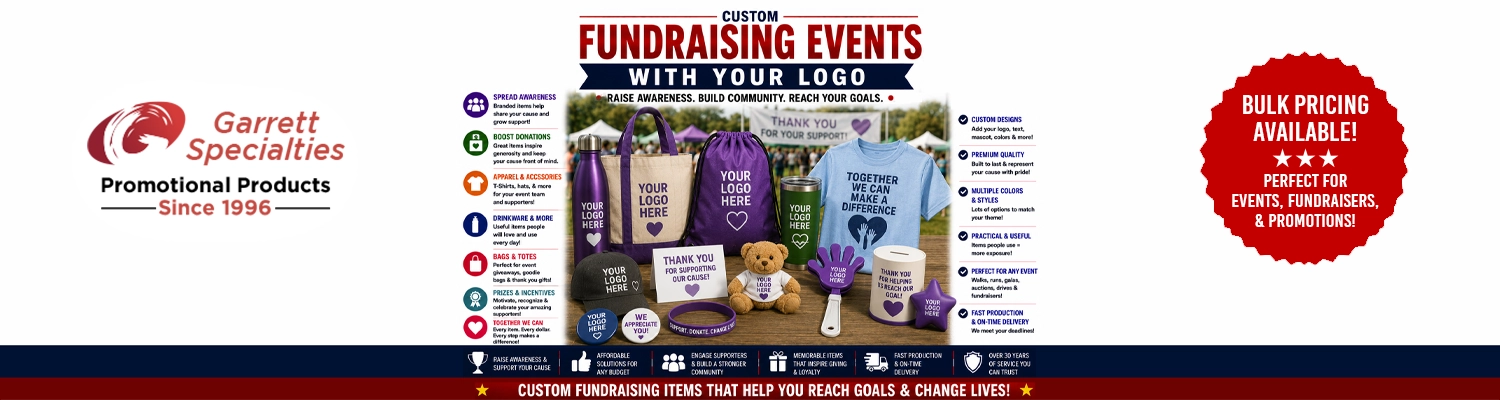 Custom fundraising event giveaways and non-profit promotional merchandise printed with logo