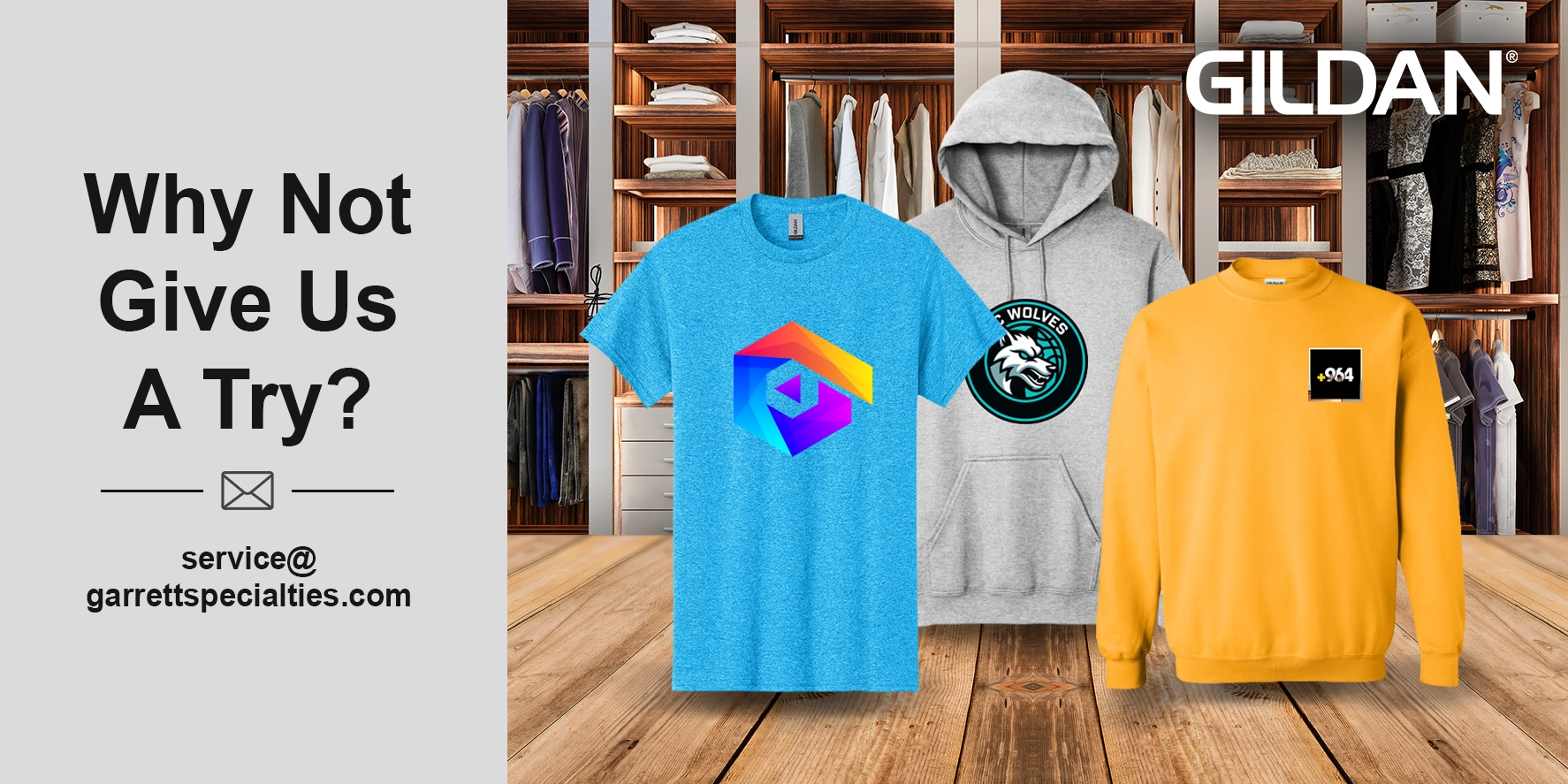 Custom Gildan apparel including personalized shirts, sweatshirts and branded clothing with company, school and organization logos for employees, events, fundraisers and group programs
