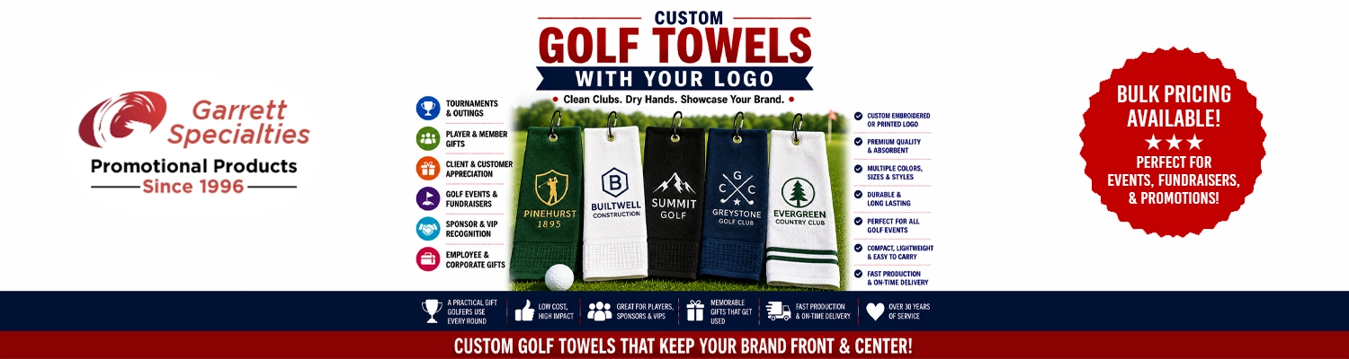 Custom promotional golf towels embroidered with company logo
