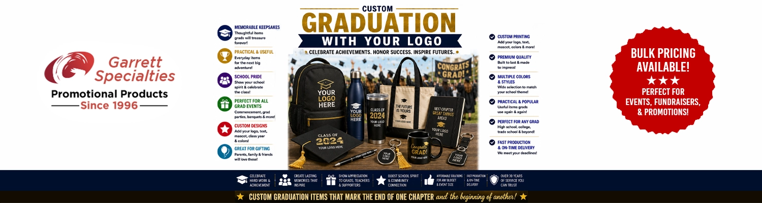 Custom graduation items and commencement giveaways printed with school logo