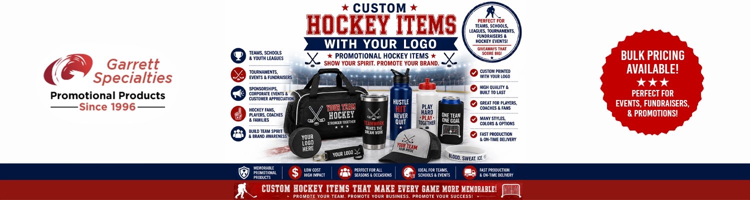 Assorted custom hockey promotional items and team giveaways printed with company logo branding