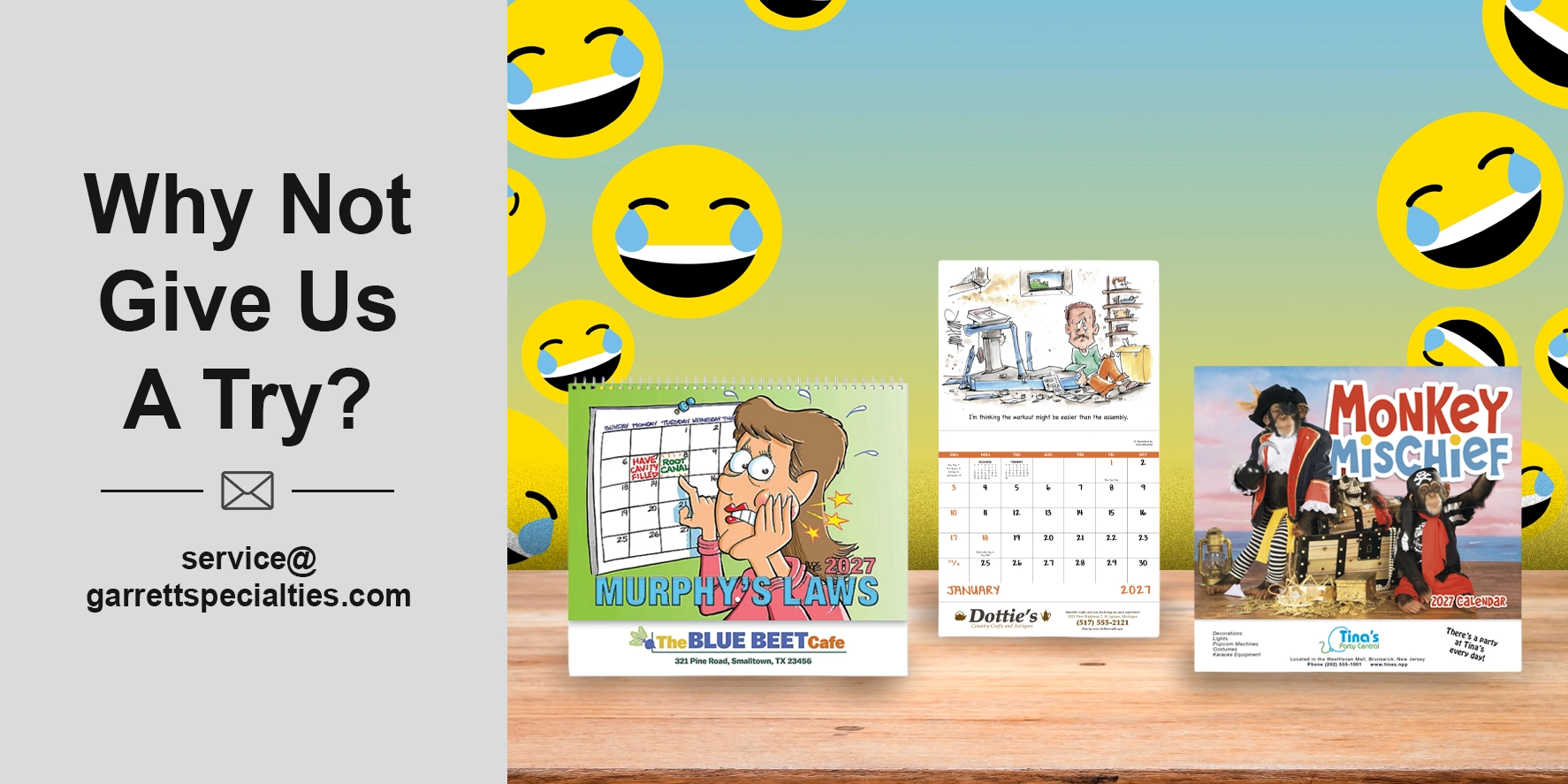 Custom humorous wall calendars and personalized funny promotional calendars with business logos for customer gifts, employee appreciation, offices, workplaces and year-end promotions