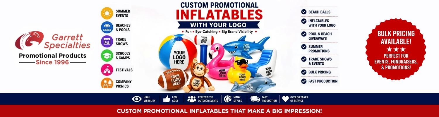 Custom Promotional Inflatables with Your Logo Custom Promotional Inflatables with Your Logo featuring personalized beach balls, inflatable hammers, flamingos, sharks, ducks, footballs, lounge chairs, and pool toys for trade shows, summer promotions, festivals, company picnics, beaches, and promotional events