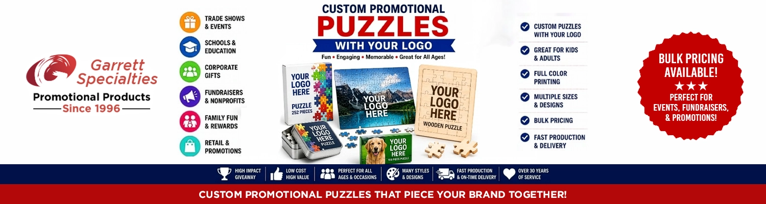 Custom Promotional Puzzles with Your Logo featuring personalized jigsaw puzzles, wooden puzzles, puzzle tins, full-color puzzles, and custom promotional puzzle giveaways for trade shows, schools, fundraisers, corporate gifts, and promotional events