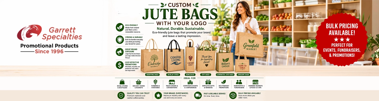 Custom jute bags and promotional burlap totes printed with company logo for bulk eco-friendly marketing