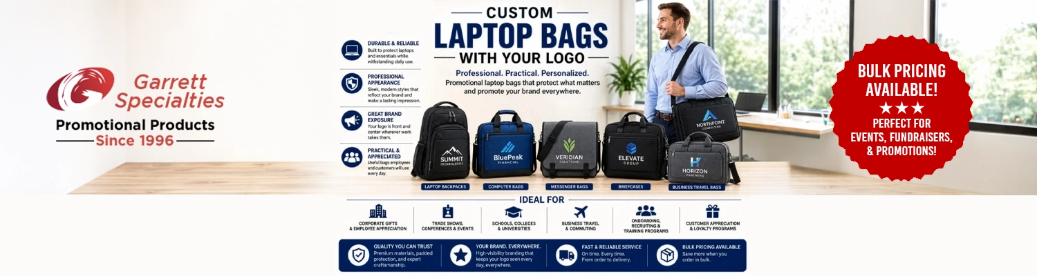 Custom laptop bags with logo including padded tech backpacks, protective neoprene computer sleeves, and corporate messenger briefs printed with business branding
