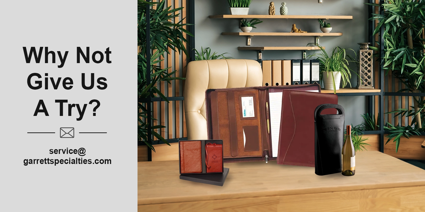 Custom leather accessories including personalized leather luggage tags, keychains, journals and coasters with company logos for executive gifts, employee recognition, client appreciation and corporate promotional programs from Garrett Specialties