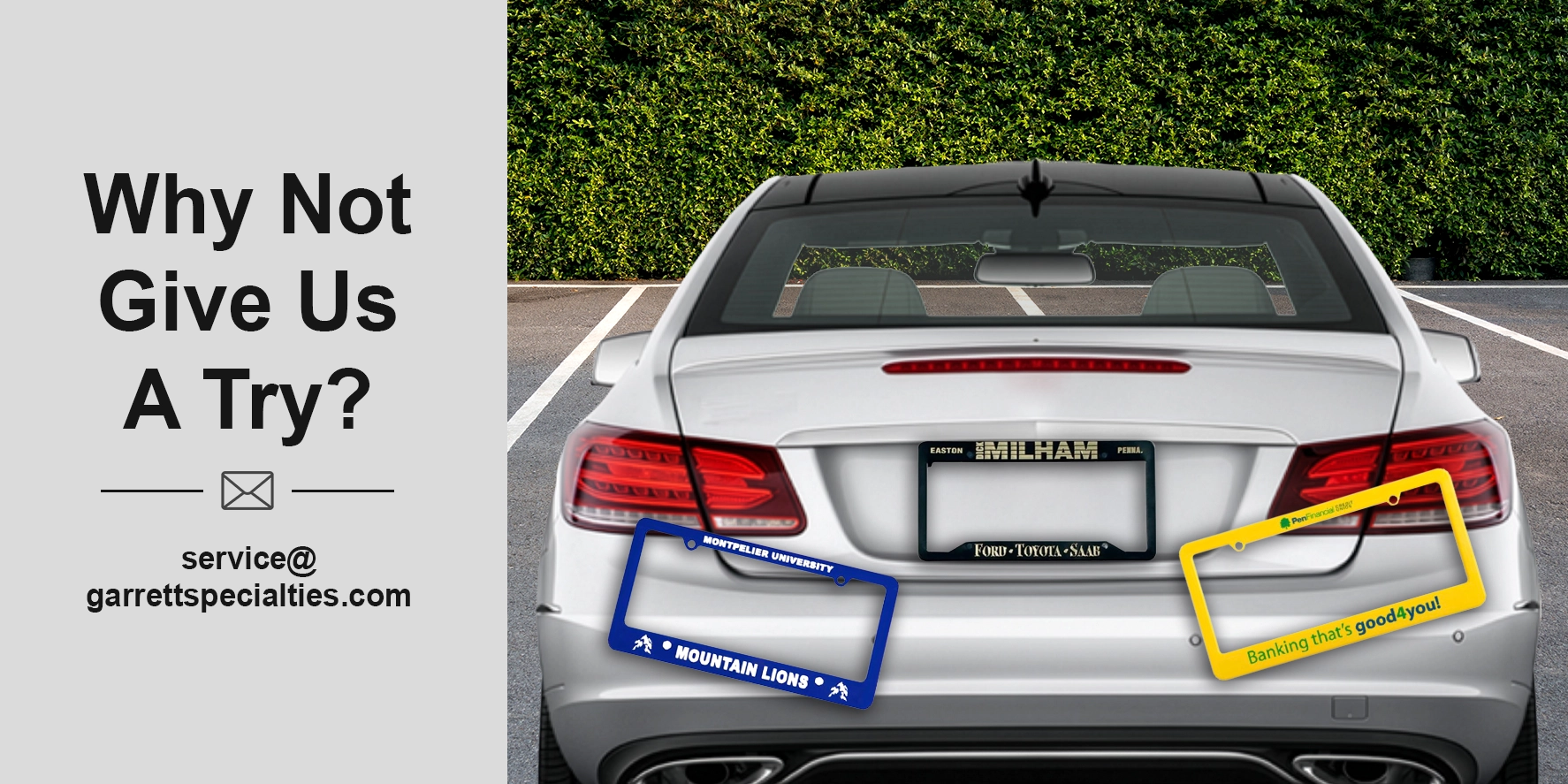 Custom license plate frames for dealerships and automotive promotions
