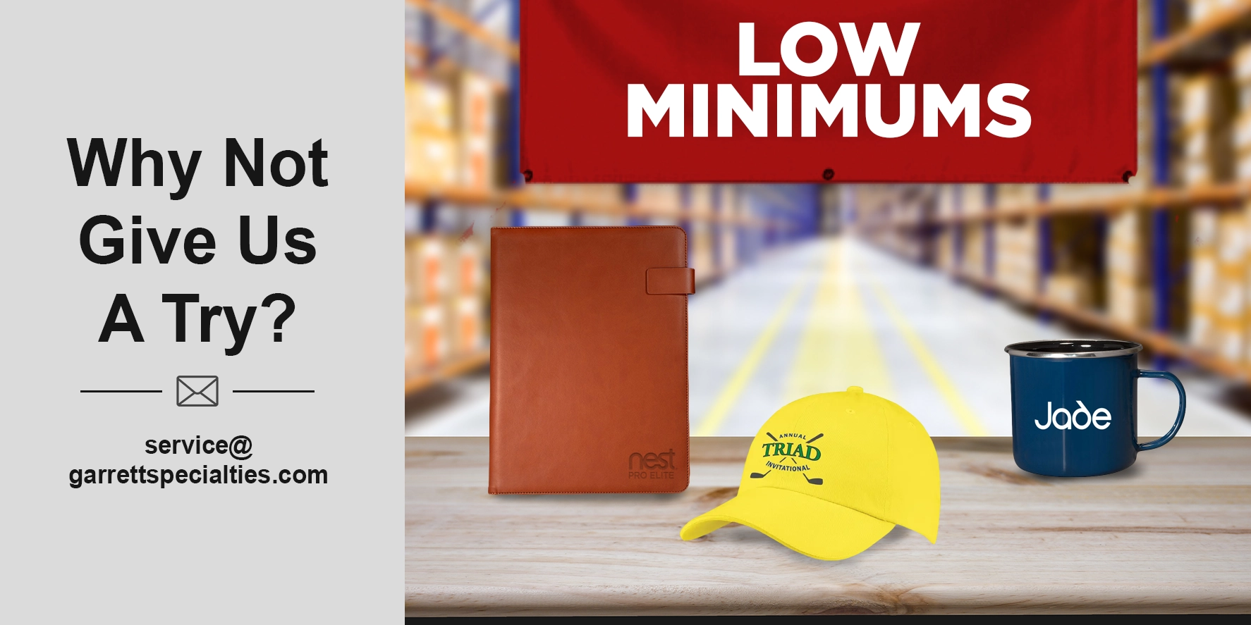 Low-minimum promotional items let you order small quantities of custom promotional products without bulk commitments.